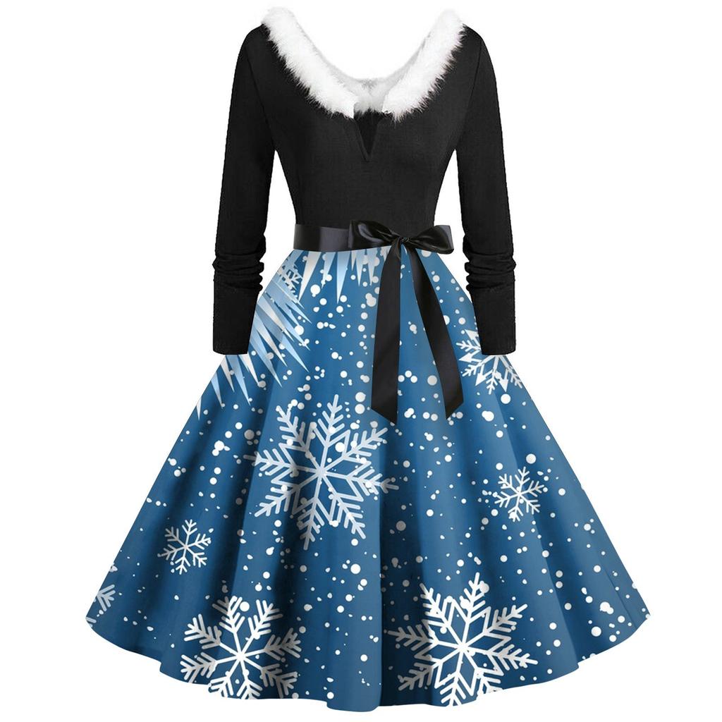 Женское винтажное платье с длинным рукавом и рождественским принтом в стиле 1950-х годов для вечеринки, выпускного вечера, для домохозяйки