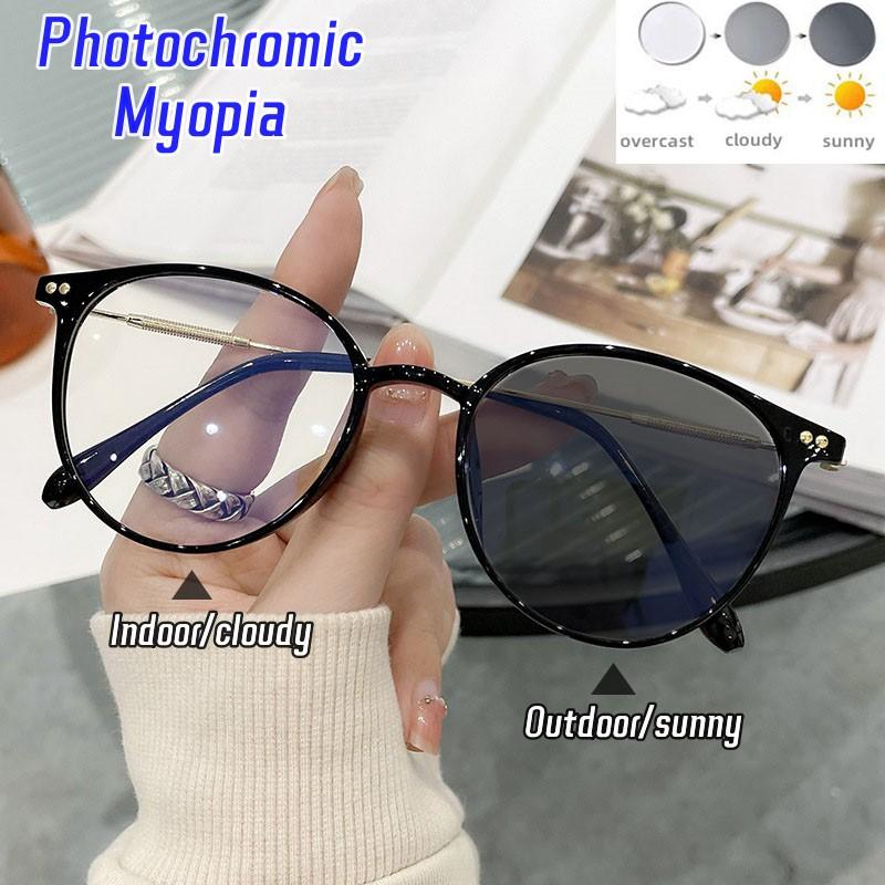 Новые модные фотохромные очки для женщин, анти-синий свет, круглая оправа, очки для близорукости, уличные очки с изменением цвета, диоптрии 0 ~ -4,0