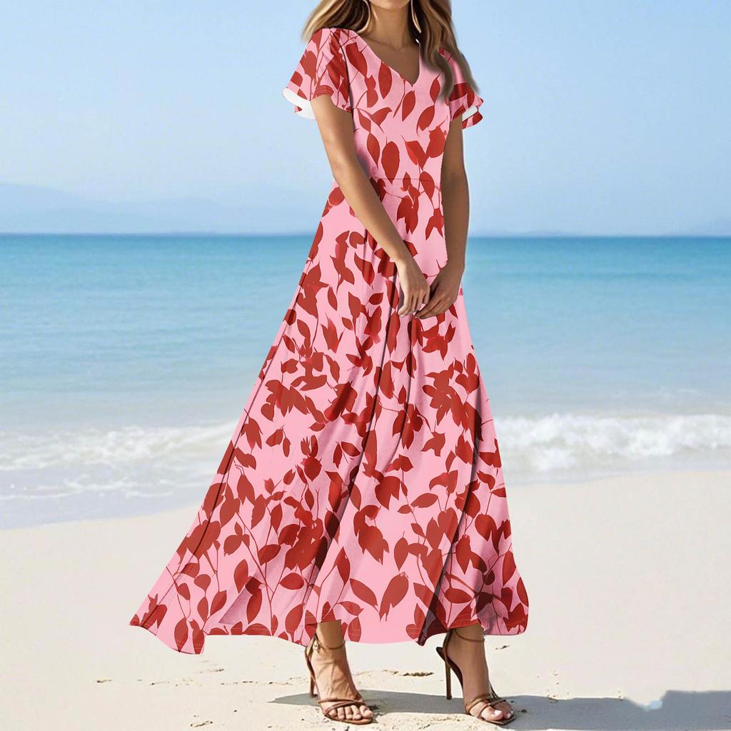 Women's Casual Fashion Print Long Dresses V-Neck Short Sleeve Dresses