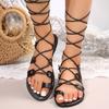 Женские сандалии на шнуровке, одинарные туфли 2024 года, летние новые популярные уличные модные сексуальные вечерние римские туфли с открытым носком, женские туфли на плоской подошве