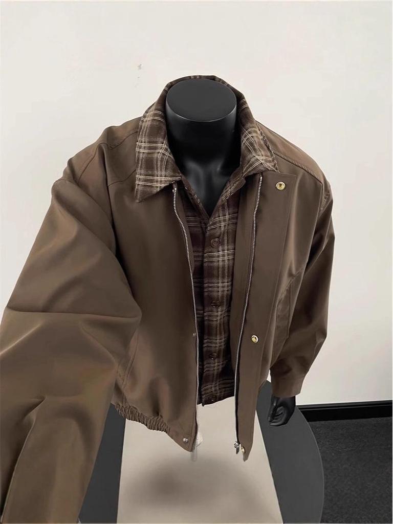 American Streetwear Trendy Patchwork Color Block Couple Autumn Padded Lapel Jacket