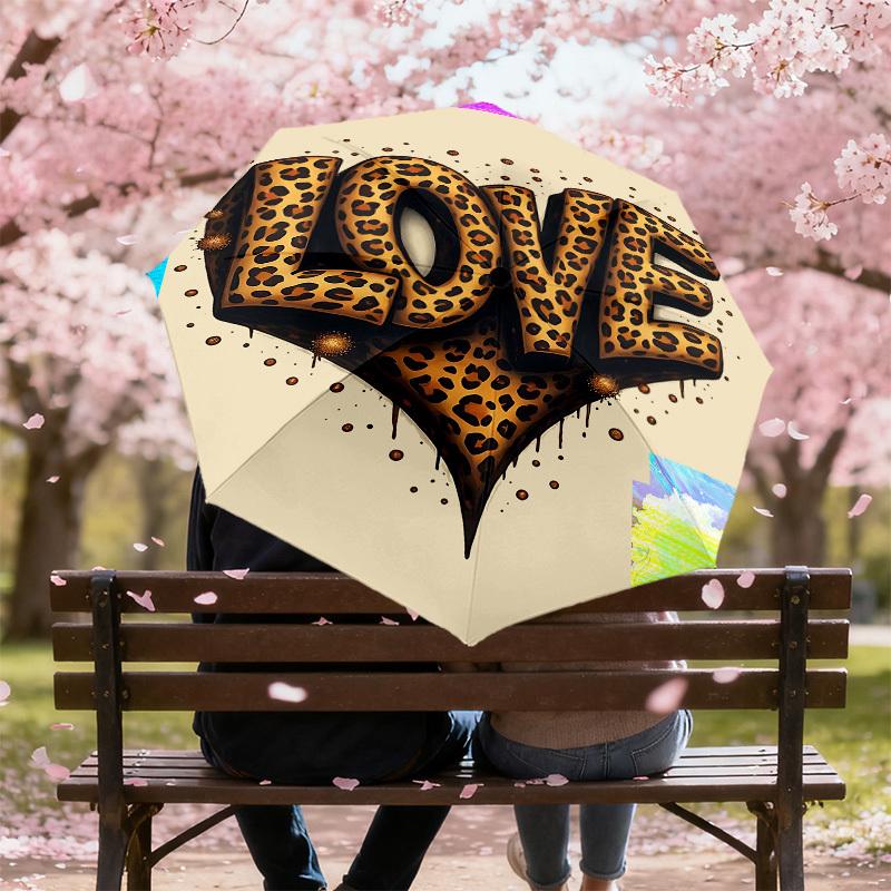 1pc love leopard print Automatic Open/Close Umbrella Compact Folding Umbrella with 8-Rib Shaft for Women/Men, Elegant Birthday1183S