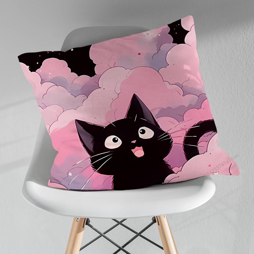 Cute Black Cat Cartoon Art Pillowcase for Sofa Room Office Decor Printing Merchandise AllMatch Cushion Cover