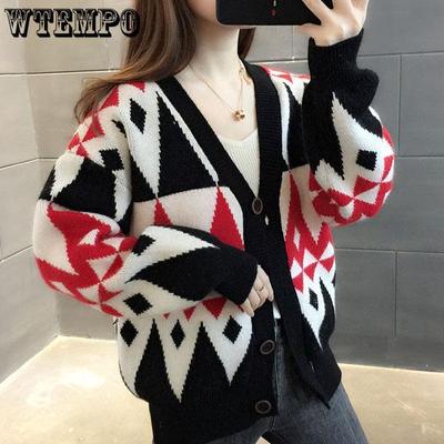 Винтажный весенне-осенний женский кардиган в клетку с цветными блоками, свитер, свободная короткая вязаная куртка, пальто