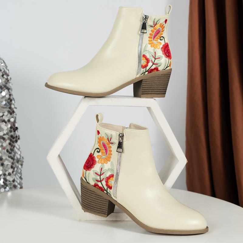 Мода Мода Вышивка Цветок Бежевые Ботильоны Челси Женские 2025 Осень Острый Носок Боковая Молния Ботинки Сексуальный Высокий Каблук Ботильоны для Верховой Езды Размер 42