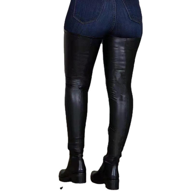 Зимние новые женские ботинки до колена большого размера на устойчивом каблуке, эластичная ПУ поверхность, модные ботинки-чулки