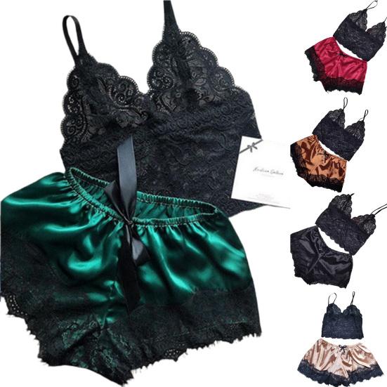 Комплект одежды для сна, кружевной лоскутный женский жилет с эластичной резинкой на талии, короткие брюки для медового месяца