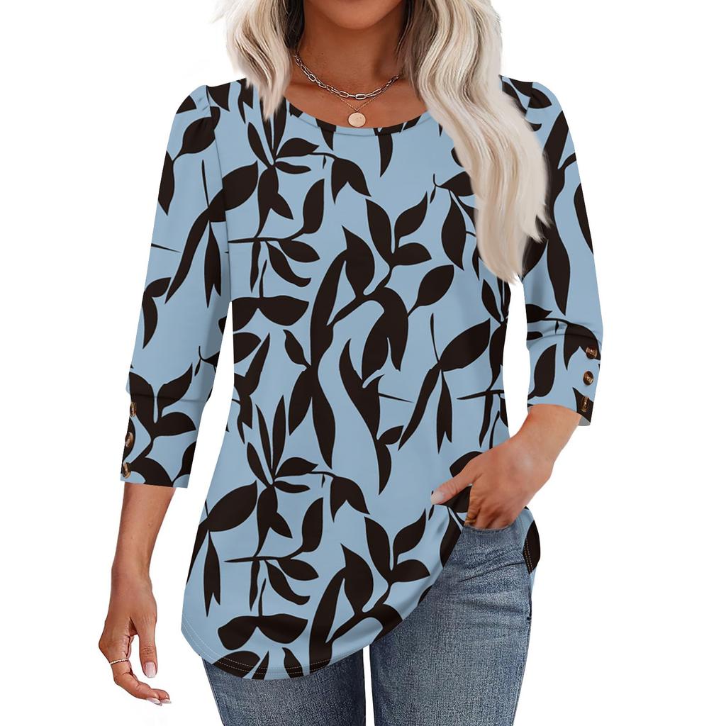 Женская мода Повседневная Винтажная Футболка Топ с круглым вырезом и рукавом в семь сложений с цветочным принтом