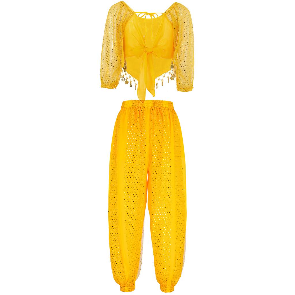 Женский костюм для танца живота, расшитый блестками шифоновый топ с шароварами, завязывающийся сзади дизайн для сценических выступлений