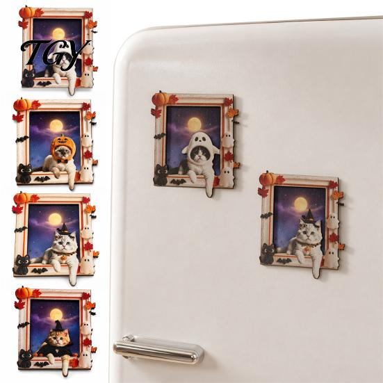Kitchen Decor Magnet Cat Ghost Frame Fridge for Halloween, Retro Wooden Decoration Refrigerator Magnet, Accessories, Party Favors Halloween
