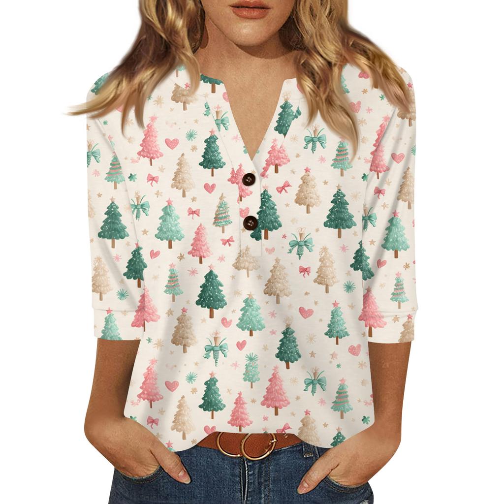 Women's T Shirt Print Button 3/4 Sleeve Daily Weekend Fashion Basic V- Neck Regular Top