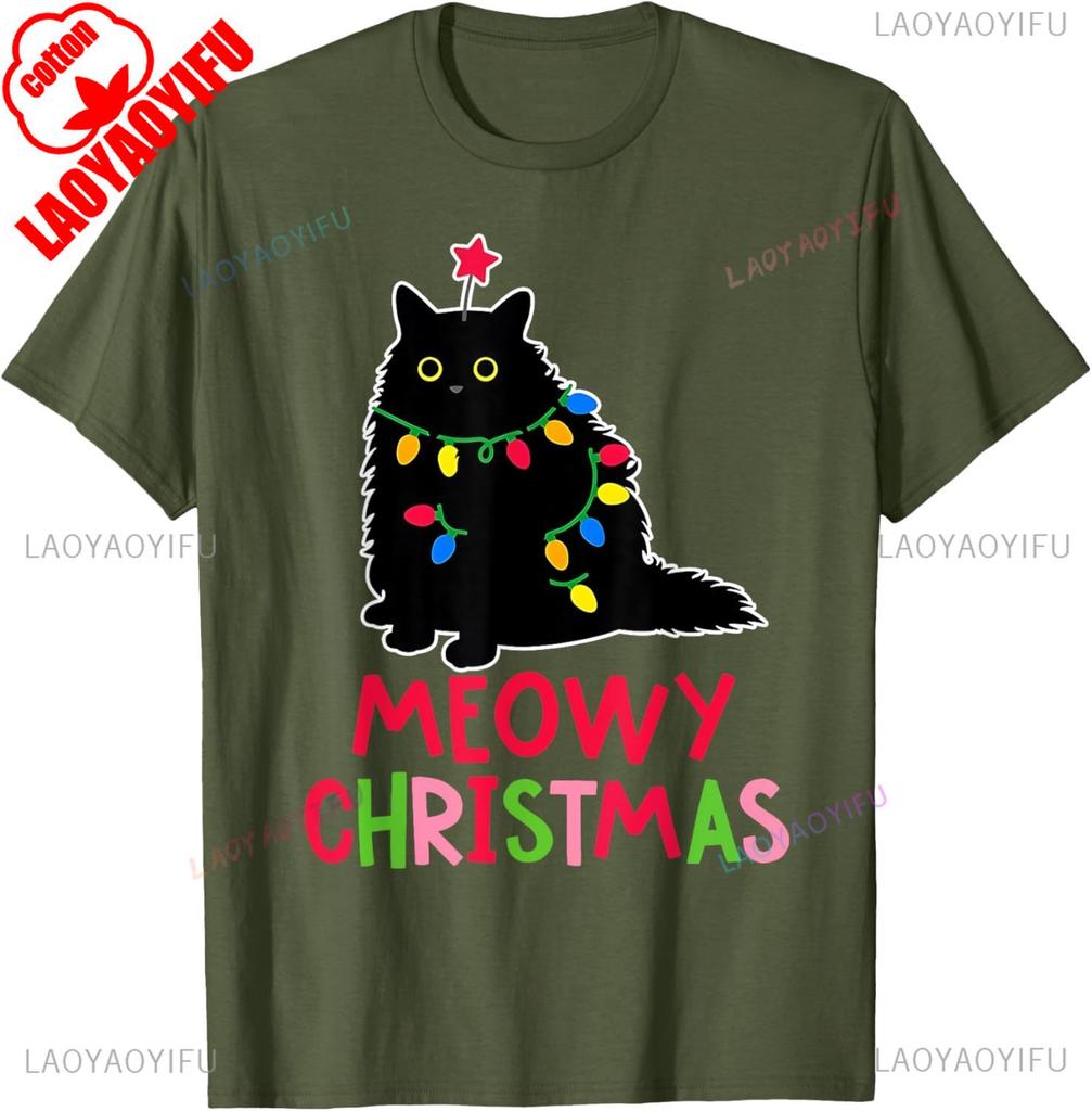 New Style Lovely Kawaii Meowy Christmas Xmas Lights Black Cat Pajamas Family Funny Unisex Unisex High Quality Cotton TShirt