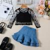 Girls' Casual Suit Summer Children's Fashion Star Mesh Long Sleeve Top Halter Vest Ruffled Denim Skirt Suit