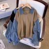 Women's Spring Autumn  Denim Patchwork V-neck Long Sleeved Sweatshirt Loose Pullover Top