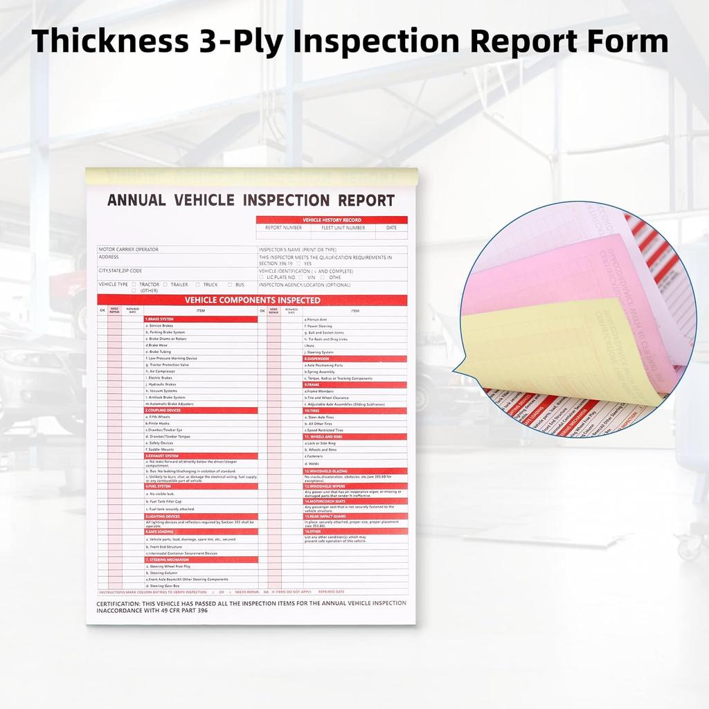 15-Pack Annual Vehicle pection Report Form, 3-Ply Carbonless Form and Hardboard, Includes 15-Pk 2-Ply FMCSA Vinyl Adhesive Label for Annual pections,
