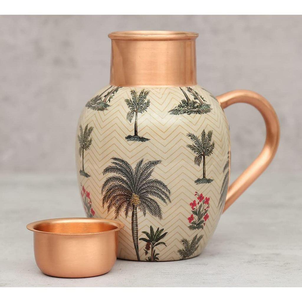 Chevron Palms Designer Copper Jug Pitcher with Handle | Serve Water | for Storage and Serving Water | Health Benefits (1.5 Litres)