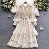 Autumn Beige Lace Midi Beach Holiday Boho Dress Women Vintage Lantern Long Sleeve Single Breasted A-Line Party Robe Female Casual Vestidos