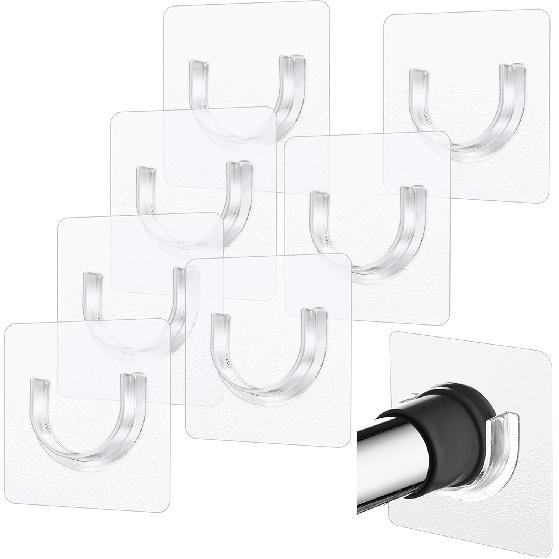 Shower Curtain Rod 8 PCS No Drill Retainer Brackets Tension Holders Adhesive Holder Closet Hooks Rods For Bathroom Wardrobe Curved Clips Wall Strip