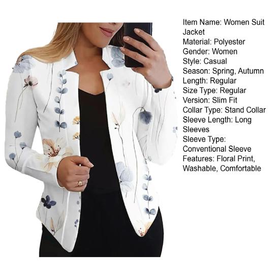 Женский костюм, куртка, повседневный цветочный принт, воротник-стойка, длинные рукава, открытый спереди, облегающий офисный женский костюм, пальто, топ, женская одежда