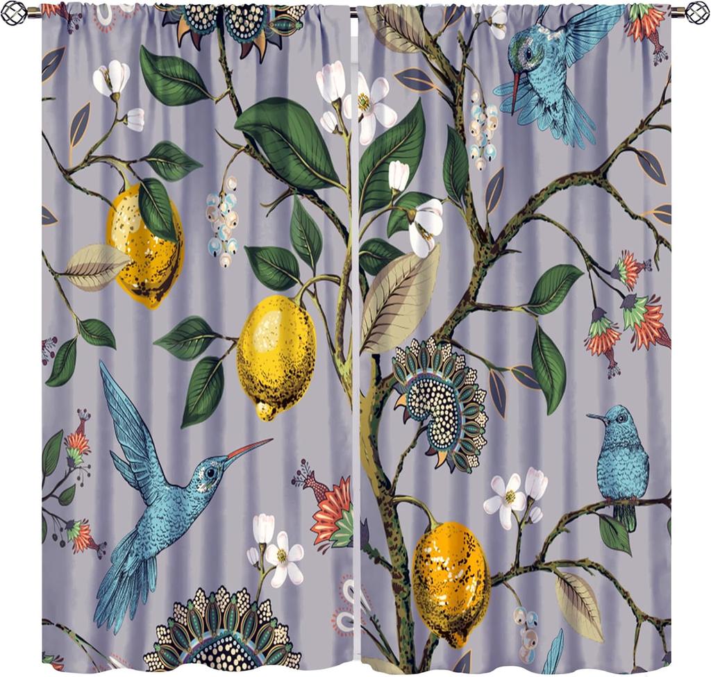 Watercolor Floral Bird Curtains - Modern White Wooden Board Hummingbird Floral Pattern - Living Room & Bedroom - Noise Reducing