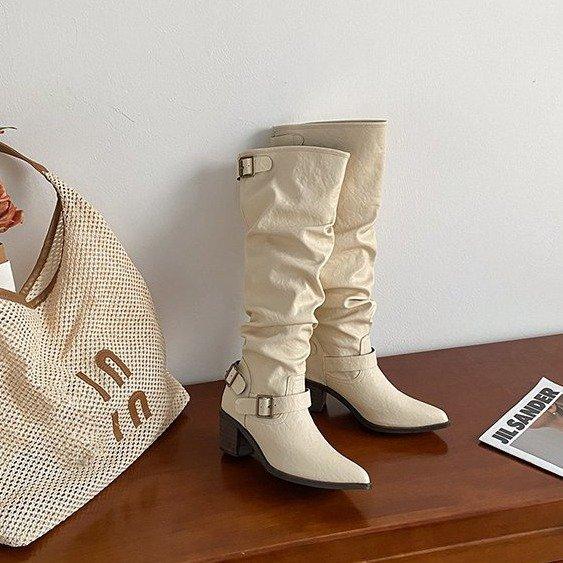 Fashion Women Boots Pointed Coarse Heel Short Boots British Style Belt Buckle Women Boot High Quality Fashion Temperament Leather Boots
