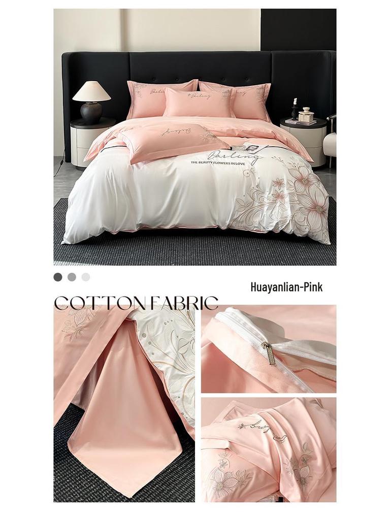 Luxury Embroidered All-Cotton Four-Piece Duvet Cover Set for All Seasons