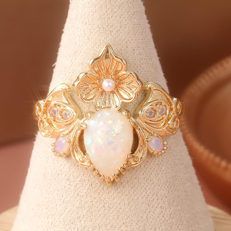 Vintage Boho Style 14K Golden Plated Copper Ring with Handcrafted Floral Design and Opal Inlay, for Daily Wear and Gift-Giving, Perfect for Christmas