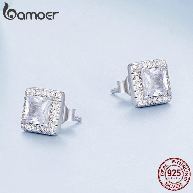 BAMOER Platinum Plated Halo CZ Stud Earrings 925 Sterling Silver Hypoallergenic Classic Elegant Earrings Fashion Jewellry