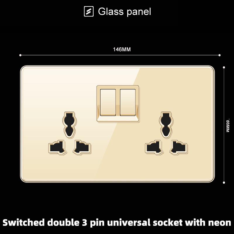 Hong Kong & Macau 13A British Socket with USB Fast Charging, Type-C, Gold Glass Panel, Three-Hole Square Pin