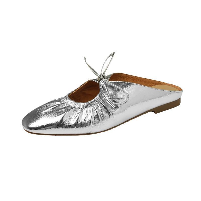 Весна 2025 новая французская плиссированная сумка на шнуровке, полубосоножки, женские серебристые туфли Мэри Джейн на плоской подошве, повседневная женская обувь