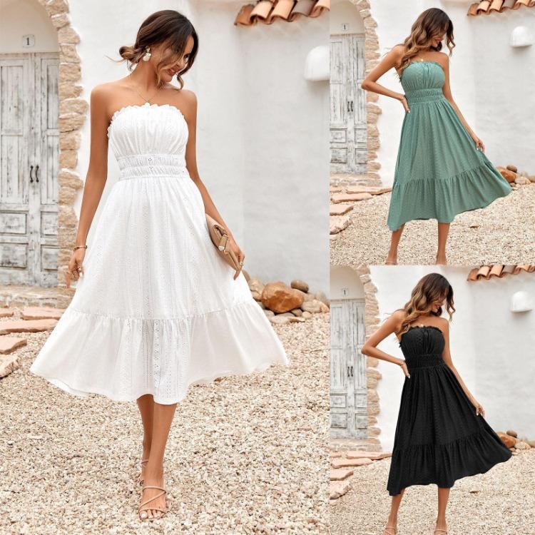 Women Summer Casual Sleeveless Strapless A-Line High Waist Solid Color One Collar Dresses Spring S-XL Middle Long Dress