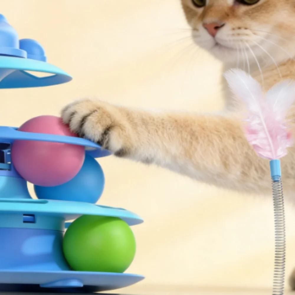Интерактивная игрушка для кошек Башня для котят Вращающаяся дорожка Роликовые шарики Игрушки с перьями Принадлежности для тренировки питомцев Игрушка для кошачьей башни