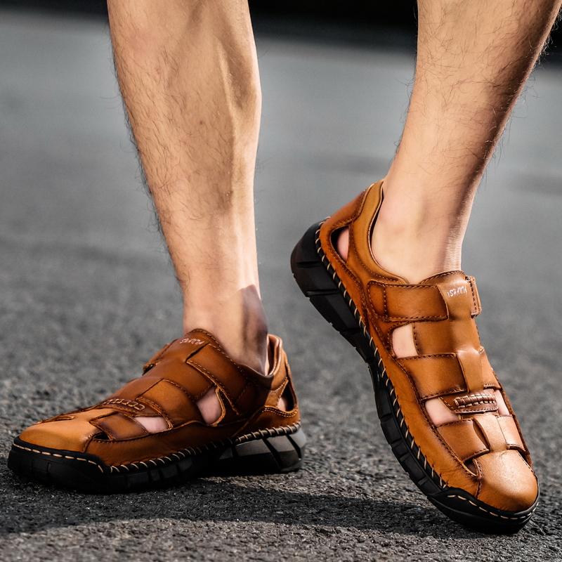 Мужские сандалии ручной работы, уличные сандалии, летние мужские сандалии из натуральной кожи в сетку в стиле ретро, повседневные пляжные сандалии
