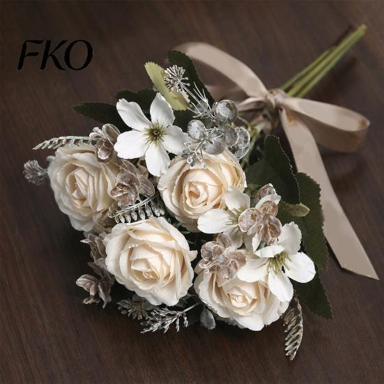 Faux Fern Leaves Artificial Rose Flowers Bouquet for Wedding Bridal, Fake Light Luxury Floral Arrangement Home Decoration And Photography Props,