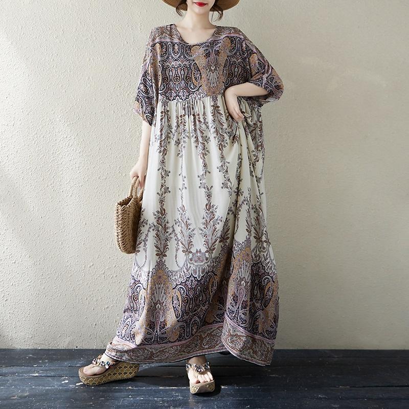 Новое хлопковое винтажное платье с цветочным принтом больших размеров с коротким рукавом для женщин, повседневное свободное длинное летнее платье