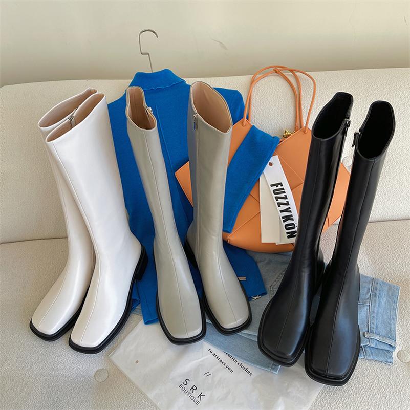 Meotina Женские сапоги до колена из натуральной кожи, высокие сапоги на плоской подошве с квадратным носком и молнией, женская модная обувь, осень-зима, серого, бежевого цвета