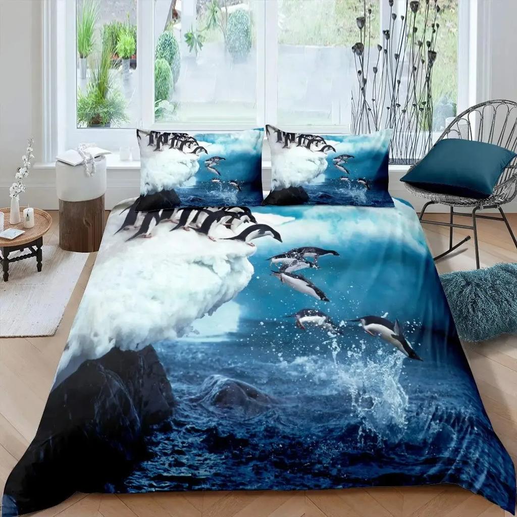 Penguin Duvet Cover Set Full Cute Animals Bedding Set Snow Decor Comforter Cover Set Cute Penguin Animal Quilt Cover Queen Size