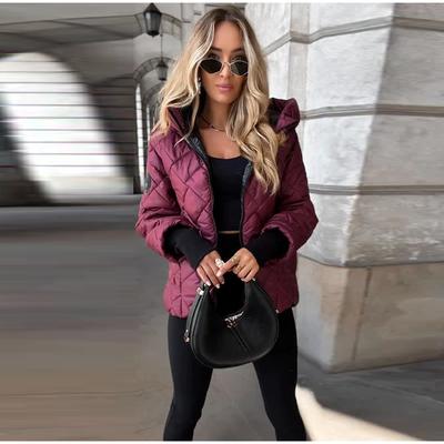 Осень и Зима Новый Модный Тренд Ромбовидная Стежка Свободная Теплая Куртка с Капюшоном на Хлопковой Подкладке