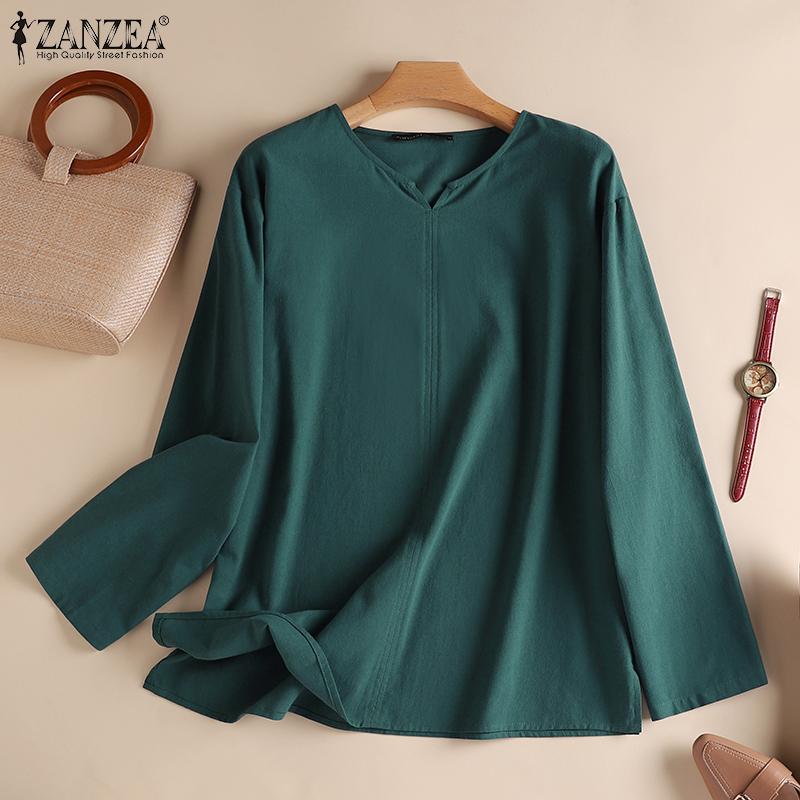 ZANZEA Женские повседневные хлопковые блузки с v-образным вырезом и длинными рукавами
