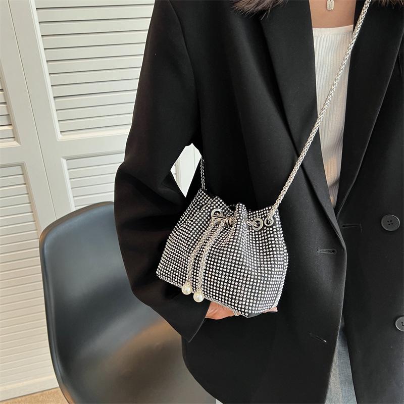Fashion Women Drawstring Rhinestones Shoulder Bag Luxury Bucket Crossbody Bag