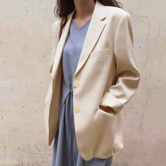 Women Suit Coat Lapel Long Sleeve Single Breasted Suit Jacket with Pockets Solid Color Loose Fit