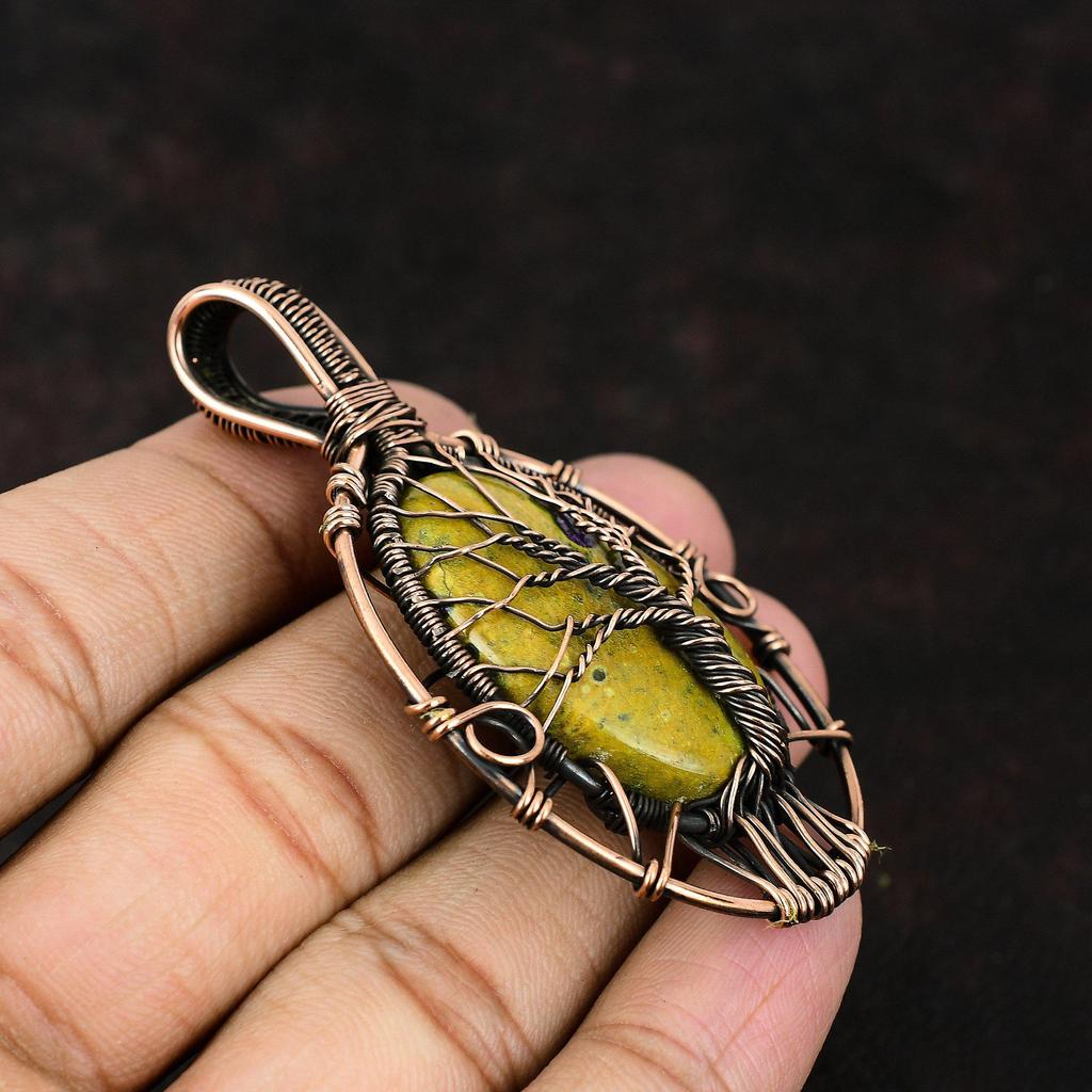 Подвеска из стихтита «Дерево жизни», медная проволока, обернутая в обертку, драгоценный камень, медная проволока, ювелирное изделие ручной работы, уникальный медный дизайн, кулон, подарок для нее