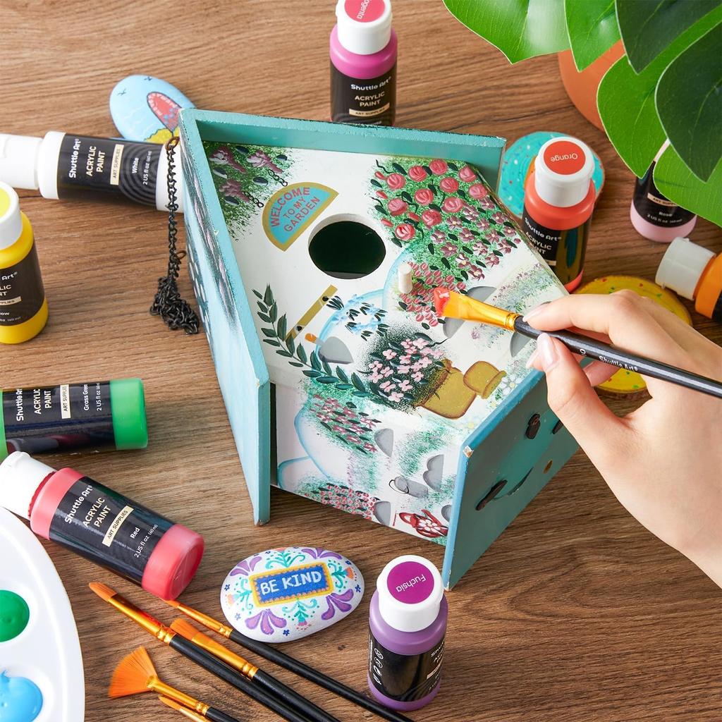 Shuttle Art Acrylic Paint Set of 42 Colors with 12 Brushes Paint Set Large Capacity 60ml Quick Dry Water Resistant Durable Stretchable Bright Metallic