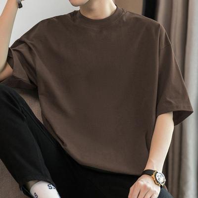 Американская тяжелая футболка с коротким рукавом Мужская с круглым вырезом Летняя однотонная модная свободная с полурукавом Базовая футболка