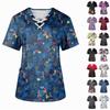 Плюс размерСкраб с принтом Рабочая форма Топы для женщин Крест V-образным вырезом Хэллоуин Принт с короткими рукавами Забавные футболки Спецодежда Футболка с карманами