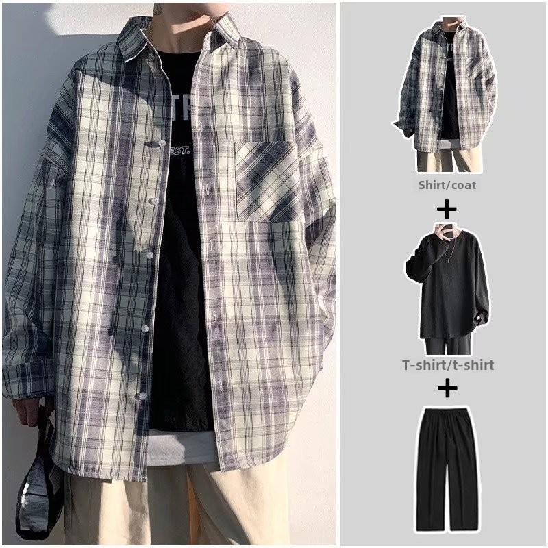 Мужская свободная рубашка в корейском стиле с длинным рукавом и клетчатой отделкой — тренд осени 2023 года