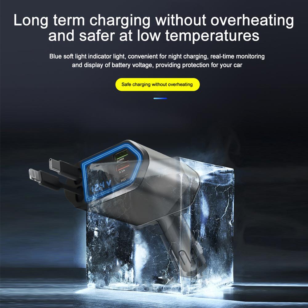 120W 5 In 1 Retractable Car Charger USB C Cable 3 Ports with Retractable Cords with Volt Display For IPhone Huawei Samsung