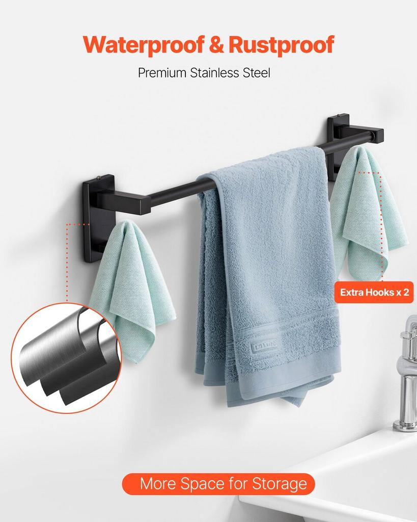 Matte Black Bathroom Hardware Set, 4 Pieces Stainless Steel Bathroom Accessories Set, 24-inch Towel Bar, Towel Ring, Robe Towel Hook, Toilet Paper