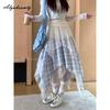 Корейская мода Лето Осень Женская юбка неправильной формы с высокой талией Клетчатая кружевная лоскутная юбка Стильная женственная женская уличная одежда Юбки