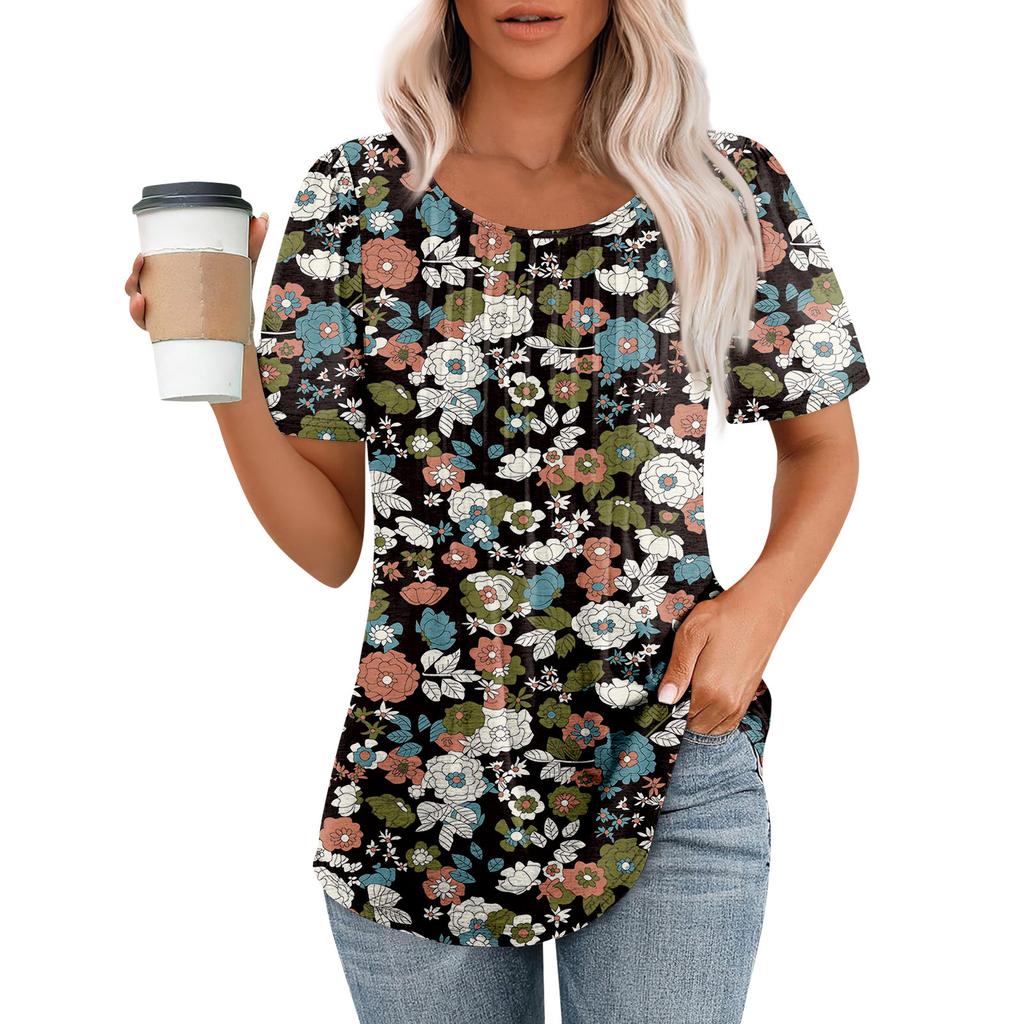 Women's Fashion Printed Casual Pleated Round Short Sleeve T-Shirt Top